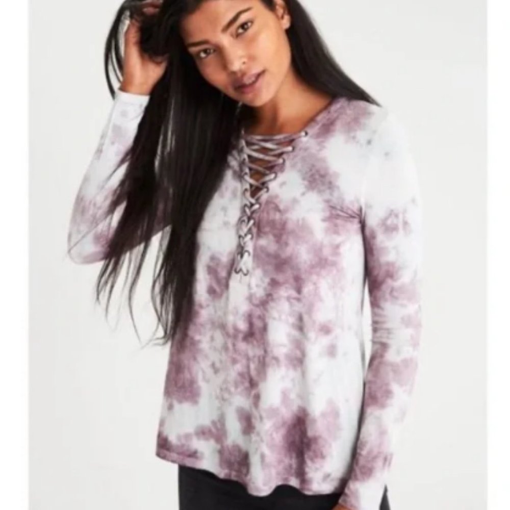 American Eagle Soft & Sexy Tie Dye Lace-Up Tee Long Sleeves Small